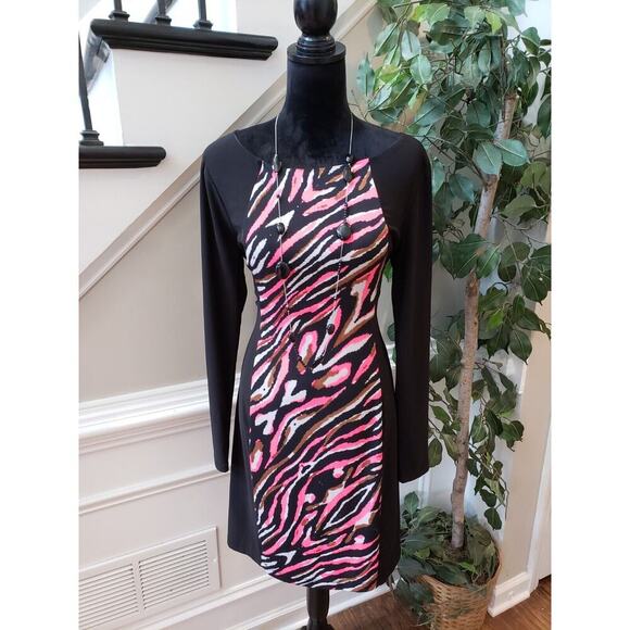 BISOU BISOU Women's Multi Animal Print Back Zip Long Sleeve Knee Length Dress 10 - Picture 1 of 11